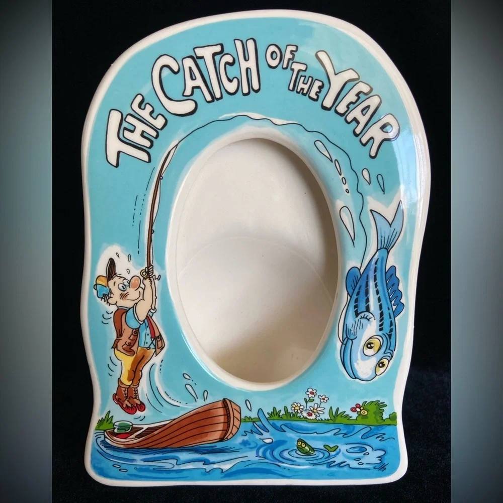 “The Catch Of The Year” Fishing Themed Ceramic Blue Frame Made By Russ 7 x 5.5